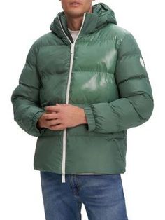 The perfect Instagram jacket. With an attached hood, zip front, elastic cuffs and stand collar, this quilted puffer provides utility and style. Side pockets and a rear welt pocket allow convenient storage on posts. Its lightweight polyester fill keeps you warm without bulk for adventures both online and off. Up your outfit with a jacket that's ideal for sharing your favorite activities this season. Hooded Nylon Puffer Jacket With Ribbed Cuffs, Hooded Down Puffer Jacket With Ribbed Cuffs, Casual Hooded Quilted Down Jacket, Green Hooded Puffer Jacket With Double-lined Hood, Hooded Puffer Jacket, Quilted Puffer Jacket, Sporty Look, Green Jacket, Jacket Sale