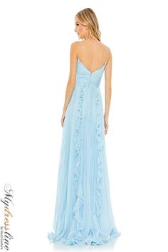 This stunning long dress features a beautiful A-line silhouette and luxurious chiffon material. The V-neckline, pleated detailing, and ruffle accents make it perfect for a special evening event. With adjustable straps and a concealed zipper at the back, you'll be sure to make an unforgettable entrance. Add a pair of heels and your favorite statement earrings for a complete look! Flowy Gown, Robes Glamour, Spaghetti Strap Prom Dress, Unique Prom Dresses, Bride Groom Dress, Designer Prom Dresses, Prom Designs, Glamorous Dresses, Pleated Bodice