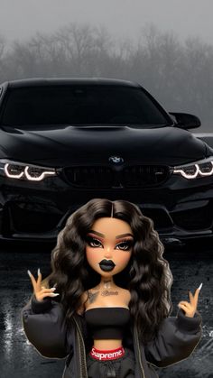 a girl with black makeup standing in front of a car