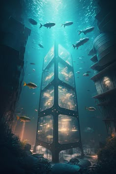 an underwater aquarium with fish swimming around the building and surrounding it is illuminated by sunlight