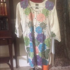 New Without Tags. Can Be Worn As Dress Or Tunic Multicolor Floral Print Kurta For Spring, Fitted Floral Print Kurta For Spring, Fitted Floral Print Tunic, Casual Multicolor Festive Dress, Multicolor Tunic Kurta For Spring, Casual Multicolor Summer Kurta, Casual Fitted Kurta With Floral Embroidery, Casual Fitted Festive Tunic, Casual Fitted Tunic For Festive Season