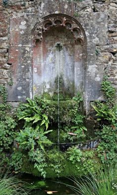 an outdoor fountain surrounded by greenery and plants in front of a stone wall with a window