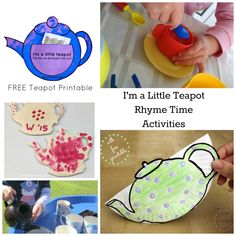 some pictures with teapots and other activities for kids to do on the table