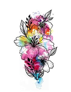 a drawing of flowers with watercolor splashs on the back and side of it