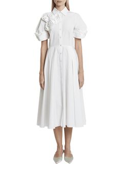 Find ERDEM Rosette Fit-flare Button Down Midi Shirt Dress on Editorialist. Erdem shirt dress with rosette shoulder detail Point collar; button front Short structured sleeves Midi length Fit and flare silhouette Cotton Dry clean Imported Fitted Button-up Shirt Dress With Pleated Sleeves, Elegant Puff Sleeve Shirt Dress For Spring, Feminine Midi-length Shirt Dress With Buttons, Feminine Midi Shirt Dress With Buttons, Fitted Button-up Shirt Dress With Ruffles, Chic Summer Shirt Dress With Pleated Sleeves, Elegant Button-up Midi Dress With Ruffles, Structured Sleeves, Midi Shirt Dress