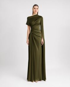 Gemy Maalouf | Evening Dresses | Asymmetrical Neckline Draped Dress Dress Classy Elegant, Matric Dress, Plus Size Inspiration, Long Green Dress, Chic Dress Classy, Mother Of The Bride Gown, Olive Dress, Long Evening Dress, Asymmetrical Neckline