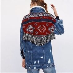 Zara Aztec Faux Sherpa Denim Jean Jacket Sz S New With Tag Zara Tribal Fringe Detail Distressed Boyfriend Style Fit Faux Shearling Lining (Please Not The Jacket Collar Is Not, In Model Photo She Is Wearing Something Underneath) I Love This Jacket, It Was Just A Little To Small For Me :( 3/4 Sleeve Length Women's Size Small. Approx. Flat Lay Measurements: Pit To Pit: 19", Shoulder To Hem: 31" Winter Denim Outerwear For Cold Weather, Winter Denim Blue Outerwear, Bohemian Blue Denim Jacket For Winter, Fall Denim Jacket For Cold Weather, Trendy Denim Outerwear By Zara, Trendy Zara Denim Outerwear, Trendy Medium Wash Outerwear For Winter, Zara Denim Blue Outerwear For Fall, Zara Medium Wash Denim Jacket For Fall