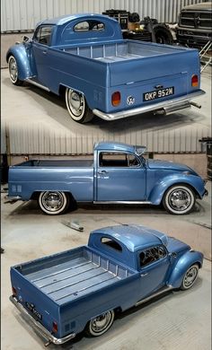 an old blue pick up truck parked in a garage