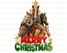 merry christmas with horses and stars in the middle, on a white background that says merry christmas