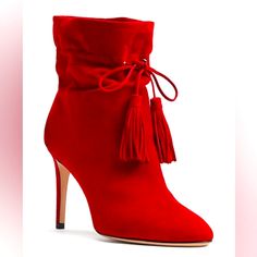 A Classic Above-The-Ankle Boot In Shape, Our Dillane Is Tres Chic With Its Stiletto Heel, Drawstring Ankle Detail And Tassel. Pointed Toe, Pull On Cinched Drawstring Tassel Detail 3.5" Wrapped Heel 6" Shaft Height; 11" Circumference Suede Upper, Leather Lining, Leather Sole Made In Italy Item Is New In Box Size-9.5m Color-Ruby Retail-$348 Luxury Heeled Boots With Red Sole And Pointed Toe, Luxury High Ankle Heeled Boots With Leather Lining, Luxury Ankle-high Leather Shoes With Leather Lining, Luxury Ankle-high Booties With Leather Lining, Elegant Red Boots With 4-inch Heel, Elegant Heeled Boots With Red Sole For Winter, Elegant Red Heeled Boots For Spring, Elegant Winter Boots With Red Sole, Elegant Red Lace-up Boots