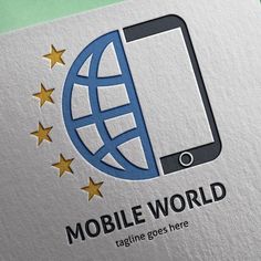 the logo for mobile world is shown on a white and blue paper with stars around it