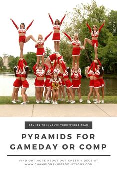 a group of cheerleaders posing for a photo with the words pyramids for gameday or comp