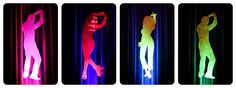 four different colored images of people in silhouettes, with one woman standing up and the other