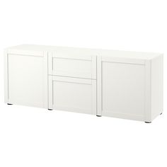 a white cabinet with three doors and two drawers