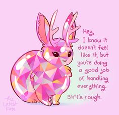 a pink bunny with an interesting quote on it's chest and ears, sitting in front of a pink background