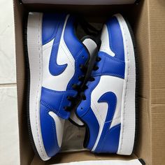 Air Jordan 1 Low(Gs) White/Hyper Royal-Black Size 7y Never Worn Blue Nike Jordan Sports Shoes, Nike Jordan Blue Sports Shoes, Nike Jordan Sports Shoes In Blue, Nike Jordan Shoes Blue For Sports, Blue Custom Sneakers For Sports, Nike Shoes Air, Shoes Air, Air Jordan 1 Low, Jordan 1 Low