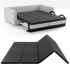 an image of a sofa bed with mattresses on the bottom and back sides in black and white