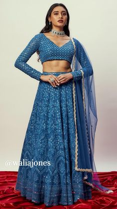 Blue Lehenga Full Sleeve, Cobalt Blue Lehenga, V Neck Blouse Indian Full Sleeves, V Neck Blouse Designs For Lehenga, Shaadi Outfits, Lengha Blouse Designs, Full Sleeves Design, Georgette Lehenga