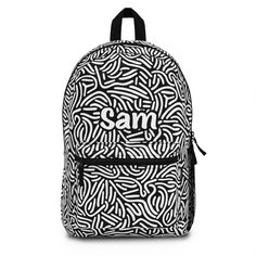 a black and white backpack with the word san printed on it