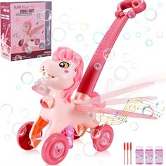 a pink pony toy with bubbles and music