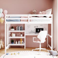 a white bunk bed sitting next to a pink wall