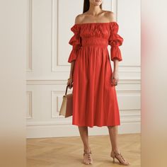 Cult Gaia Stella Ruffled Off-The-Shoulder Dress Size S New Red Off-shoulder Ruched Dress, Red Ruched Off-shoulder Dress, Elegant Red Off Shoulder Dress For Summer, Elegant Red Off-shoulder Dress For Spring, Elegant Red Off Shoulder Dress For Spring, Red Off-shoulder Summer Cocktail Dress, Chic Red Off-shoulder Dress, Chic Red Off-shoulder Evening Dress, Red Off-shoulder Dress For Spring