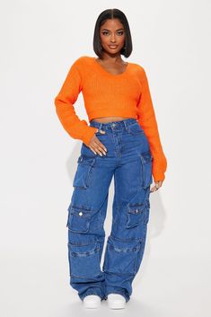 Available In Orange, Pink, And Black. Pullover Sweater Long Sleeve V Neck Ribbed 66% Acrylic 31% Polyester 3% Spandex Imported | Brentley Sweater in Orange size 2X by Fashion Nova Black Girls Streetwear, Orange Streetwear, Girls Streetwear, Orange Fits, Orange Tops, Black Pullover Sweater, Orange Outfit, 90s Outfit, Orange Sweaters