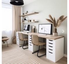 a white desk with two chairs and a computer on it