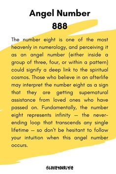 an image with the words angel number 868 on it, in white and yellow