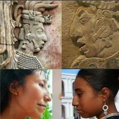 four different pictures of women with earrings on their heads and one woman's face