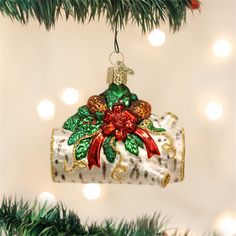 an ornament hanging from a christmas tree