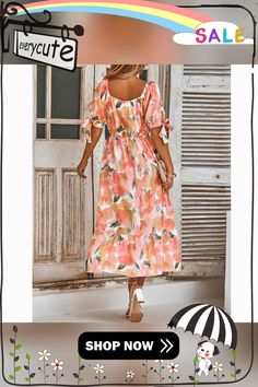 Pink-orange Floral Print Puff Sleeve Long Dress Orange Short Sleeve Midi Dress For Garden Party, Coral Dress For Spring Brunch, Casual Peach Midi Dress For Brunch, Orange Flowy Maxi Dress For Spring, Flowy Orange Maxi Dress For Spring, Orange Midi Dress For Garden Party, Casual Orange Midi Dress For Spring, Orange Dress For Garden Party In Fall, Orange Dress For Fall Garden Party