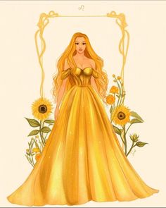 a drawing of a woman in a golden dress with sunflowers around her waist