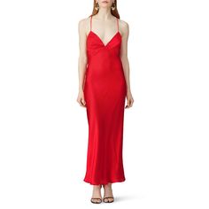 Red satin (100% Polyester). Gown. Sleeveless. V-neckline. Hidden center back zipper closure. Partially lined. 56" from shoulder to hemline. Imported. V-neck Bias Cut Slip Dress For Gala, Elegant Satin Lined Slip Dress, Elegant Satin Slip Dress With Lining, Bias Cut V-neck Slip Dress For Gala, Satin Sleeveless Maxi Dress For Red Carpet, Sleeveless Satin Maxi Dress For Red Carpet, Formal V-neck Slip Dress With Satin Finish, Elegant Lined V-neck Slip Dress, Elegant Satin Maxi Dress For Red Carpet