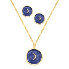 Tie together a stylish look with this unique Royal Aura pendant and stud earring set. Tie together a stylish look with this unique Royal Aura pendant and stud earring set. Chain length: 17 in. + 2-in. extender Nickel free Metal: brass Blue enamel details Packaging: boxed Size: 17". Color: Gold Tone Dark Blue. Gender: female. Age Group: adult. Elegant Blue Jewelry With Moon Charm, Elegant Blue Moon-shaped Jewelry, Elegant Blue Earrings With Moon Charm, Blue Moon-shaped Metal Jewelry, Elegant Blue Moon-shaped Necklace, Elegant Blue Moon Shaped Necklace, Blue Enamel Jewelry With Matching Earrings, Elegant Blue Moon Shaped Earrings, Blue Pendant Necklace With Matching Earrings