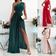 Sleeveless Asymmetric Shoulder Hollow Out Split Maxi Dress Sleeveless Asymmetrical Summer Prom Dress, Asymmetrical One Shoulder Dress For Spring Prom, Asymmetrical Sleeveless Dress For Spring Party, Asymmetrical One Shoulder Dress For Prom In Spring, One Shoulder Sleeveless Dress For Summer Prom, Asymmetrical Sleeveless Summer Evening Dress, Spring Asymmetrical Prom Maxi Dress, Asymmetrical Spring Prom Maxi Dress, Spring Prom One Shoulder Sleeveless Dress