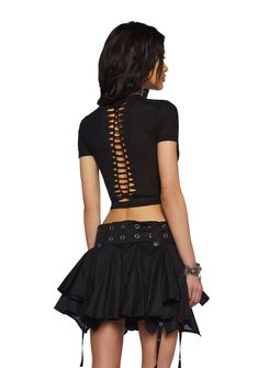 cuz don’t you want me baby. This crop top has a stretchy jersey construction, a cropped fit, and a shredded lace up design all over. Punk Stretch Crop Top, Edgy Short Sleeve Crop Top For Club, Stretch Punk Crop Top For Streetwear, Edgy Cropped Top For Streetwear, Edgy Stretch Crop Top For Alternative Fashion, Fitted Black Cropped T-shirt For Spring, Spring Gothic Stretch Crop Top, Black Fitted Y2k Cropped T-shirt, Edgy Stretch Crop Top