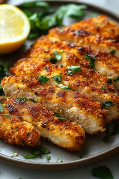 two pieces of chicken on a plate with lemon and parsley