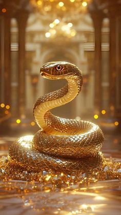 a golden snake is on the ground in front of a chandelier with lights