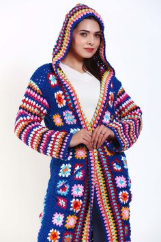 Design: Granny square long sleeve open front jumper sweater, granny square cap crochet flower cardigan sweater, granny square flower knit cap cardigan, long sleeve crochet knit cardigan, granny square sweater cardigan, vintage long sleeve open front cardigan, granny square knitwear loose fit cardigan, granny square open front cardigan outwear, beautiful and stylish. Occasion: knitted granny square cardigans jumper ideal for both indoor and outdoor events, perfect for home wear, party, vacation,