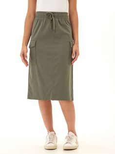 Experience ultimate comfort and style with the Wynne Stretch Twill Cargo Midi Skirt. Its stretchy fabric and flattering fit provide all-day wearability, while the thick elastic waistband offers a secure fit. Cargo Midi Skirt, Romper With Skirt, Fall Shopping, Sweater And Shorts, Artichoke, Active Wear Tops, Stretchy Fabric, Long Sleeve Sweatshirts, Sweater Jacket