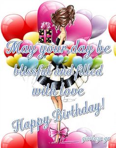 a birthday card with balloons and a girl in a dress holding a present on it