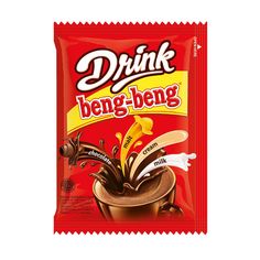 a bag of chocolate drink with milk splashing out of the top, on a white background