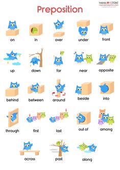 an image of prepositions with owls in the box and other words on it