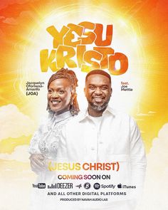 the poster for jesus christ's coming soon show, with two people standing next to each other