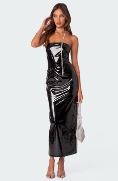 Bring a sleek aesthetic to your next night out in this ultraglossy faux-leather midi dress cut in a strapless silhouette and finished with a soaring back slit. Exposed back-zip closure Strapless Back slit 100% nylon with polyurethane coating Machine wash, line dry Imported Maxi Dress Strapless, Patent Leather Dress, Leather Midi Dress, Shiny Dresses, Black Strapless Dress, Strapless Midi Dress, Swimwear Dress, Vinyl Fabric, Leather Dress