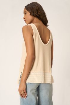 Only accepting weekend vibes moving forward.The Weekend Vibes Sweater Rib Tank is your new warm-weather BFF. It features a delicate knit fabric and a relaxed, long-line silhouette that is perfect for styling an easygoing look. A scoop neckline, side slits, and exposed seaming throughout add extra little details that will make this a style favorite this season. 46% Polyester45% Rayon7% Spandex Care Instructions: Machine wash cold. Wash inside out with similar colors. Do not bleach. Lay flat to dr Casual Neutral Sweater For Layering, Casual Pointelle Knit Top For Layering, V-neck Pointelle Knit Tops For Loungewear, Relaxed Fit Ribbed Top, Oversized Neutral Knit Top, Relaxed Cotton Top With Soft Texture, Cozy Beige Knit Top For Loungewear, Relaxed Sweater For Layering, Oversized Knit Top In Neutral Color