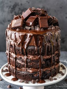 a cake with chocolate frosting and lots of chocolate chips on the top is sitting on a white plate