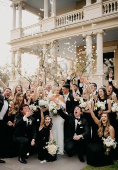 Wedding party in all black throwing flower petals with bride and groom at Hotel Ella wedding in Austin Texas Black And White Wedding Theme, White Wedding Theme, Downtown Austin, Bridal Party Photos, Wedding Bridal Party