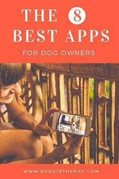 the 8 best apps for dog owners, including an image of a woman on her cell phone